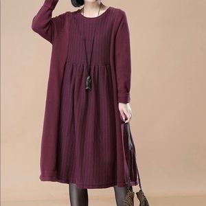 Mordenmiss lagenlook cotton sweater dress in bugundy with navy stripe